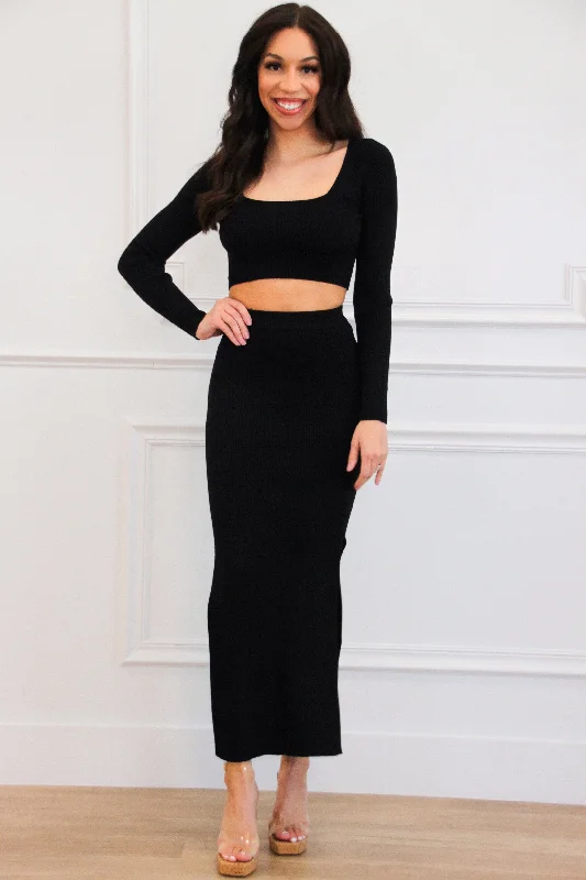Fall Chic Sweater Two Piece Set: Black Satin Blend Silk Blend Wool Blend