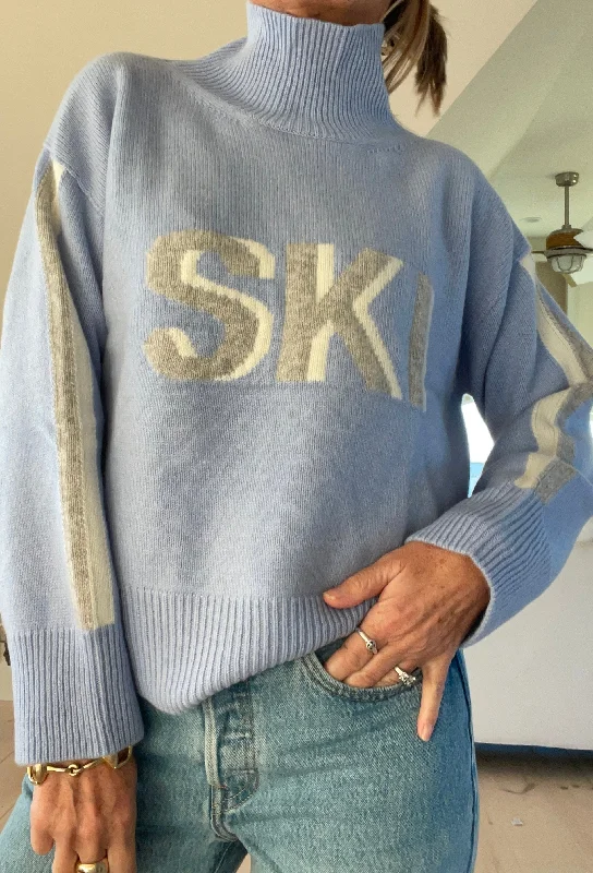 Women’s Retro 100% Cashmere Turtleneck Ski Sweater BLUE Toggled Drawstring Belted
