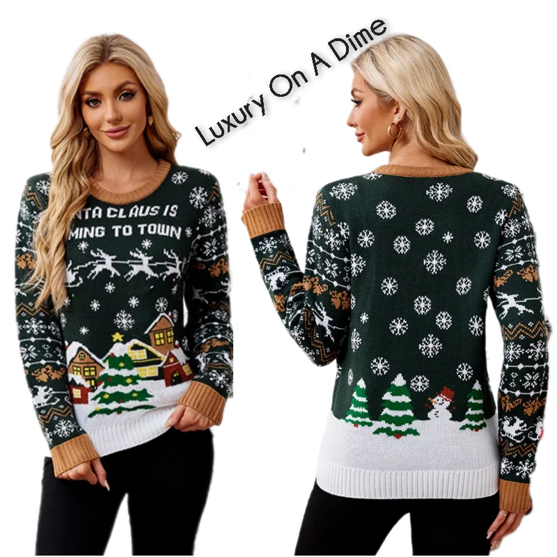 Santa Claus Is Coming to Town Holiday Top Long Sleeve Shirt Pullover Knit Sweater Boyleg Sleeve Pullover Santa Claus Is Coming to Town Holiday Top Long Sleeve Shirt Pullover Knit Sweater Boyleg Sleeve Pullover