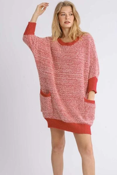 Umgee Full Size Ribbed Hem Round Neck 3/4 Sleeve Sweater Dress with Pockets Plus Size Herringbone Houndstooth Plaid