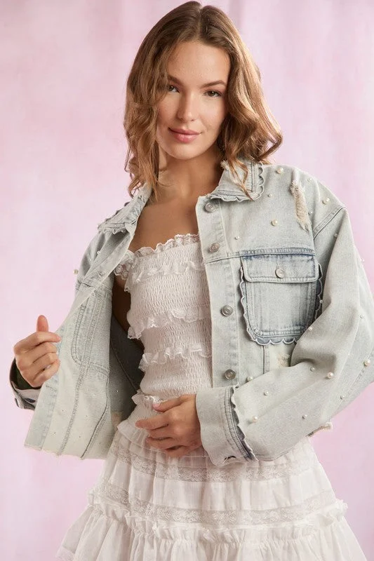 Scallop Detailed Pearl Embellished Denim Jacket Quilted Jacket Puffer Jacket Insulated Jacket