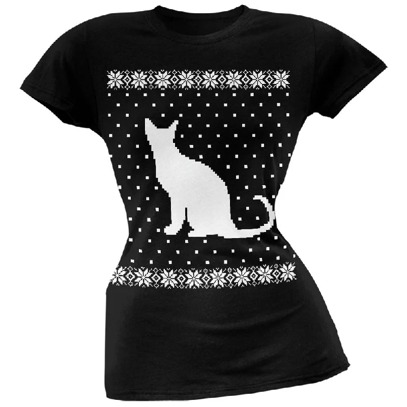 Big Cat Ugly Christmas Sweater Black Soft Juniors T-Shirt Stylish Fashionable Trendy