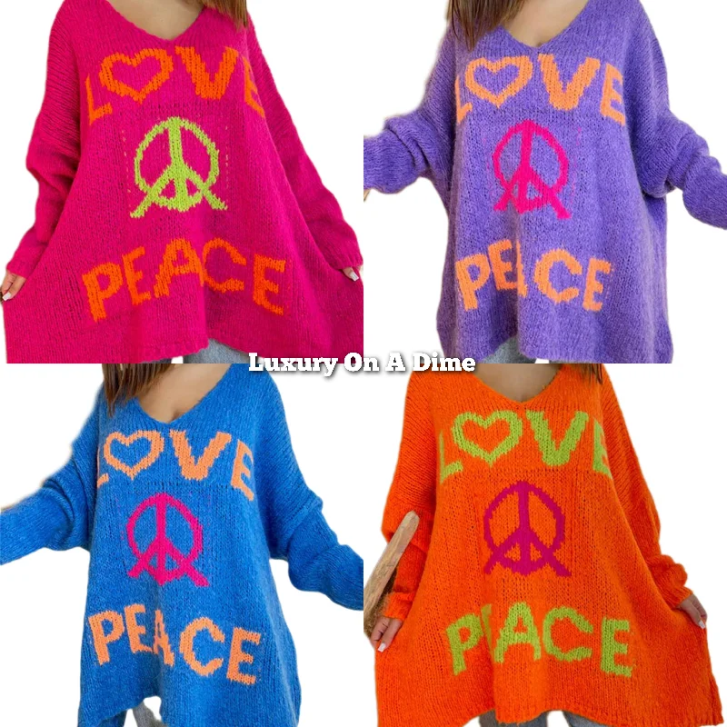 LOVE PEACE Oversized Colorful Knit Top Long-Sleeve Pullover Baggy Sweater Shirt Spaghetti Sleeve Top LOVE PEACE Oversized Colorful Knit Top Long-Sleeve Pullover Baggy Sweater Shirt Spaghetti Sleeve Top