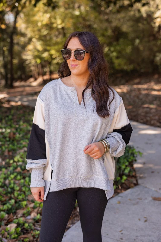 Comfy Colorblock Grey Knit Pullover Ruffle Neck Pullover