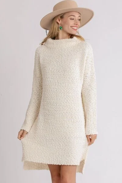 Umgee Full Size High Low Long Sleeve Boucle Sweater Dress Plus Size Chenille Brocade Lace