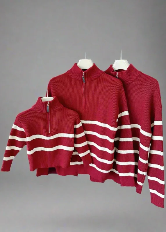 Matching Family Red Stripe Knit Sweaters  Half-Zip Pullover for Mom, Dad, and Kids Honey Neck Pullover
