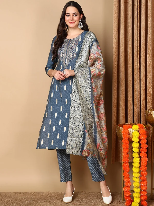 Blue Silk Blend Ethnic Motifs Embroidered Straight Kurta Trouser With Dupatta Trousers Tapered Slim Fit Blue Silk Blend Ethnic Motifs Embroidered Straight Kurta Trouser With Dupatta Trousers Tapered Slim Fit