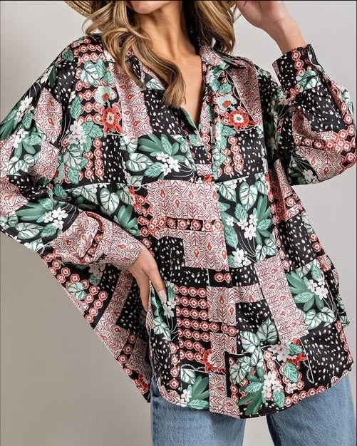 Silky Collared Pullover V Neck 3 Qtr Slv Floral Print Blouse Sarouel Sleeve Pullover