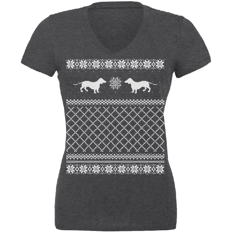 Dachshund Ugly Christmas Sweater Dark Heather Juniors V-Neck T-Shirt Lightweight Heavyweight Midweight