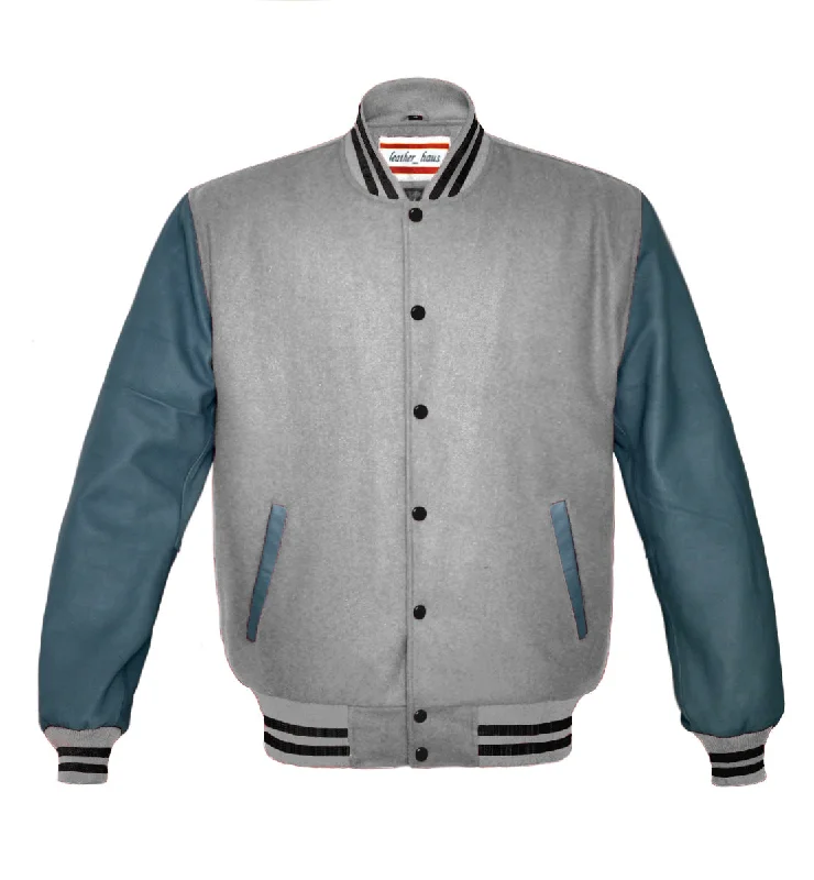 Superb Genuine Grey Leather Sleeve Letterman College Varsity Women Wool Jackets #GYSL-BSTR-BB Collared Jacket Crew Neck Jacket Turtle Neck Jacket Superb Genuine Grey Leather Sleeve Letterman College Varsity Women Wool Jackets #GYSL-BSTR-BB Collared Jacket Crew Neck Jacket Turtle Neck Jacket