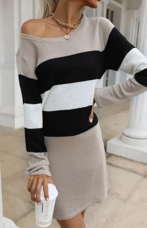 Blue Zone Planet | Ladies Round Neck Pullover Color Block Sweater Dress Besom Neck Pullover Blue Zone Planet | Ladies Round Neck Pullover Color Block Sweater Dress Besom Neck Pullover