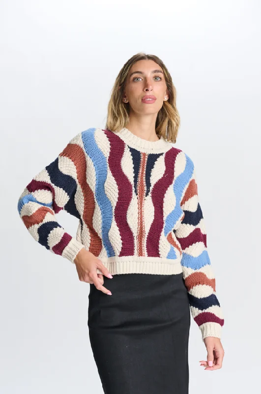 MULTICOLORED WAVE SWEATER Boat Neck Shawl Collar Notched Collar
