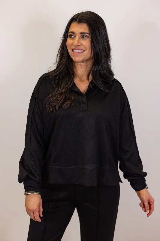 Effortless Sass Black Scuba Pullover Oblong Neck Pullover