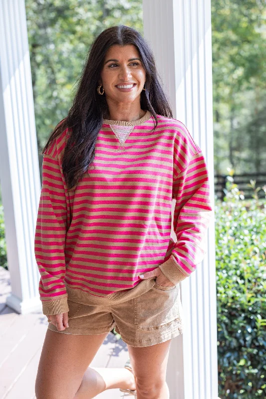 Striped Coziness Hot Pink Pullover Soft Wool Sweater