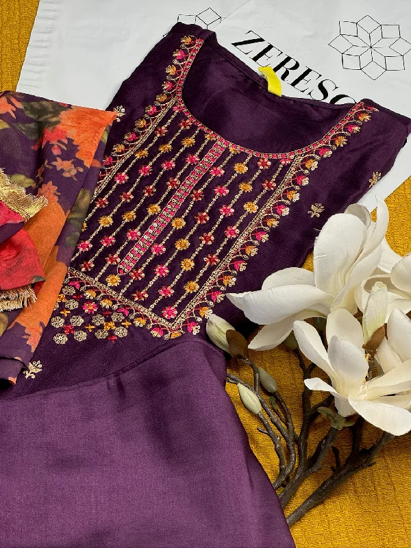 Purple Silk Blend Solid Embroidered Straight Kurta Trouser With Dupatta Trousers stylish modern Purple Silk Blend Solid Embroidered Straight Kurta Trouser With Dupatta Trousers stylish modern