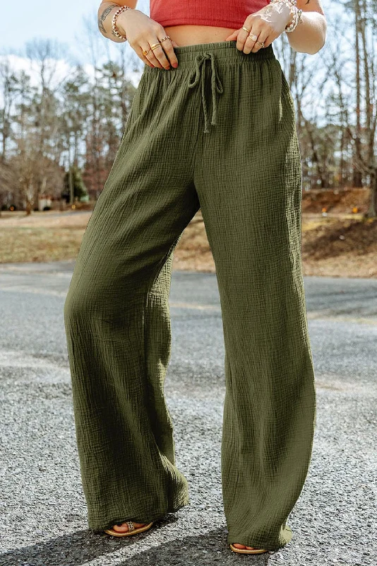 Stylish Green Textured Wide Leg Trousers Trousers Palazzo Wide Leg
