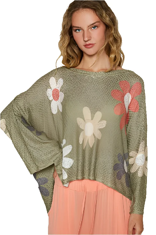 POL Daisy Retro Colorful Contrast Flower Top Oversized Shirt Pullover Knit Sweater Shawl Collar Sweater POL Daisy Retro Colorful Contrast Flower Top Oversized Shirt Pullover Knit Sweater Shawl Collar Sweater