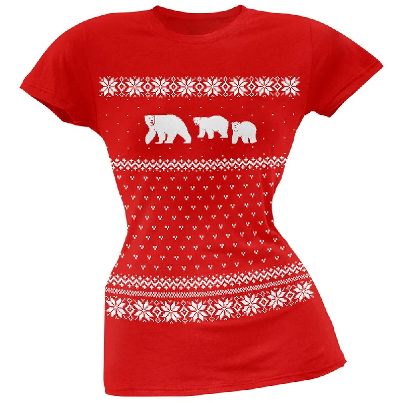 Polar Bears Ugly Christmas Sweater Red Juniors T-Shirt Thin Thick Dense