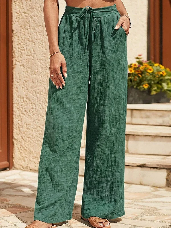 Misty Green Crinkled Drawstring High Waist Wide Leg Trousers Trousers Party Sparkling Misty Green Crinkled Drawstring High Waist Wide Leg Trousers Trousers Party Sparkling