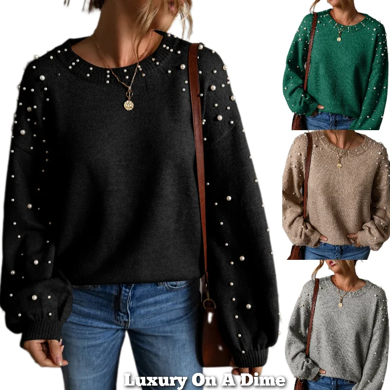 Pearl Beaded Knit Sweater Classy Pullover Long Sleeve Round Neck Sophisticated Top Cold Shoulder Design Pearl Beaded Knit Sweater Classy Pullover Long Sleeve Round Neck Sophisticated Top Cold Shoulder Design