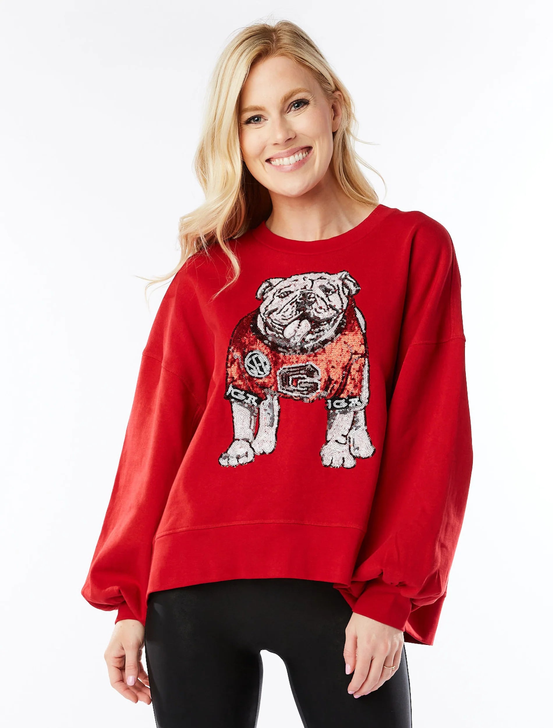 UGA Red Sequin Bulldog Pullover Chenille Soft Sweater