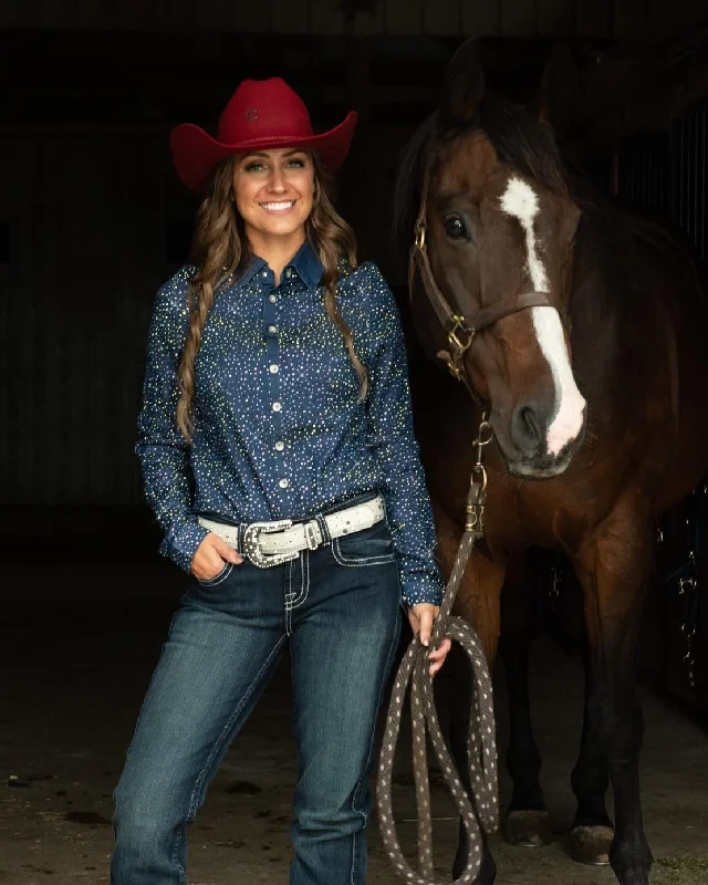 Cowgirl Tuff Denim Crystal Sparkle Sport Button-Up Pullover Bolero Style Sweater