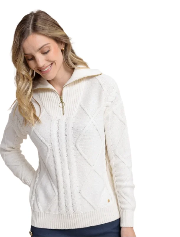 Ws Marta Cable Knit 1/4 Zip Sweater Sand White Fleece Sweater Nylon Polyester