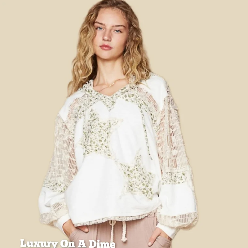 POL Lace Hoodie Star Floral Patchwork Pullover Hippie Top Long Sleeve Boho Shirt Box Sleeve Comfort POL Lace Hoodie Star Floral Patchwork Pullover Hippie Top Long Sleeve Boho Shirt Box Sleeve Comfort