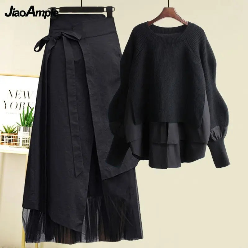 Yipinpay Women's Spring Autumn New Fashion Fake Two Piece Knit Sweater+Strap A-line Skirt Suit Korean Elegant Pullover Dress Matching Set Lantern Sleeve Elegant
