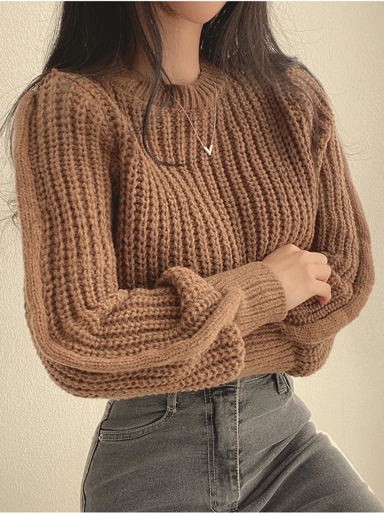 Loose Vintage Harajuku Lantern Long Sleeve Women Sweater Korean Autumn Winter Knitwear Soft Warm Tops Chic Solid Femme Sweater Ribbed Striped Patterned
