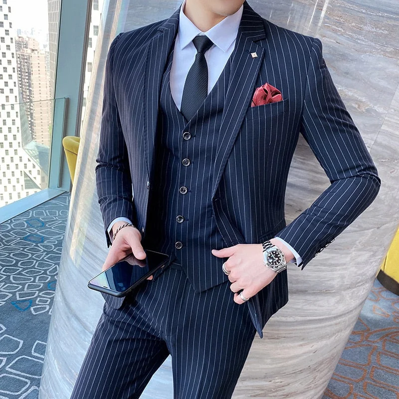 CINESSD ( Jacket + Vest + Pants ) Prom Groom Tuxedos Latest Designs Male Wedding Suits 3Pcs Set Men's striped casual business suit Mesh Jacket Canvas Jacket Denim Jacket CINESSD ( Jacket + Vest + Pants ) Prom Groom Tuxedos Latest Designs Male Wedding Suits 3Pcs Set Men's striped casual business suit Mesh Jacket Canvas Jacket Denim Jacket