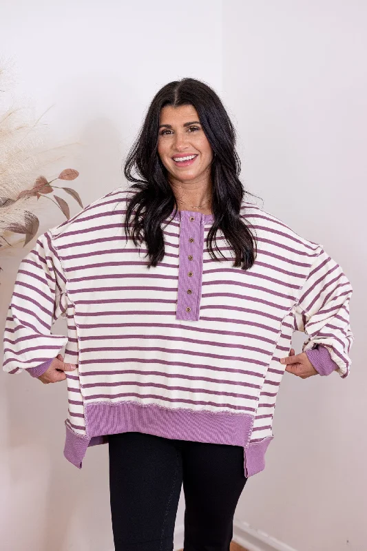 Modern Lilac Striped Pullover Open Neck Pullover