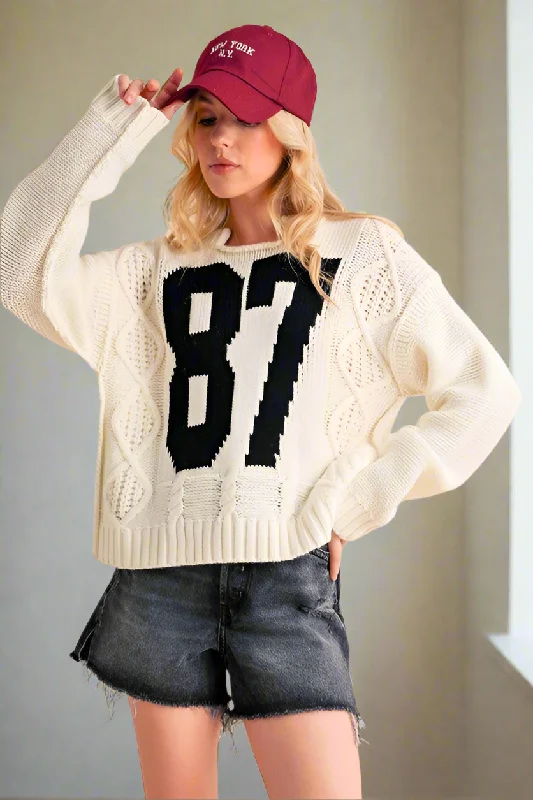 Aemi+Co Cable Knit Sweater 87 Retro Collegiate Varsity Wool Pullover Shark-Bite Top Faux Fur Trim Aemi+Co Cable Knit Sweater 87 Retro Collegiate Varsity Wool Pullover Shark-Bite Top Faux Fur Trim