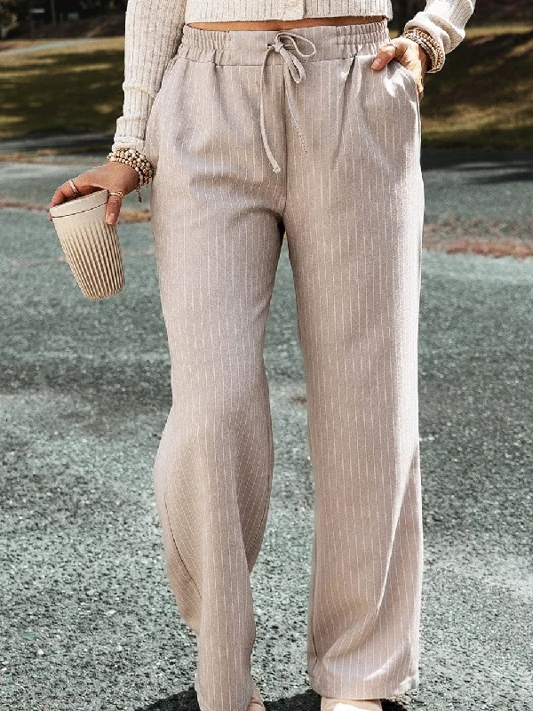 Khaki Striped Wide Leg Elastic Waist Casual Trousers Trousers Print Floral