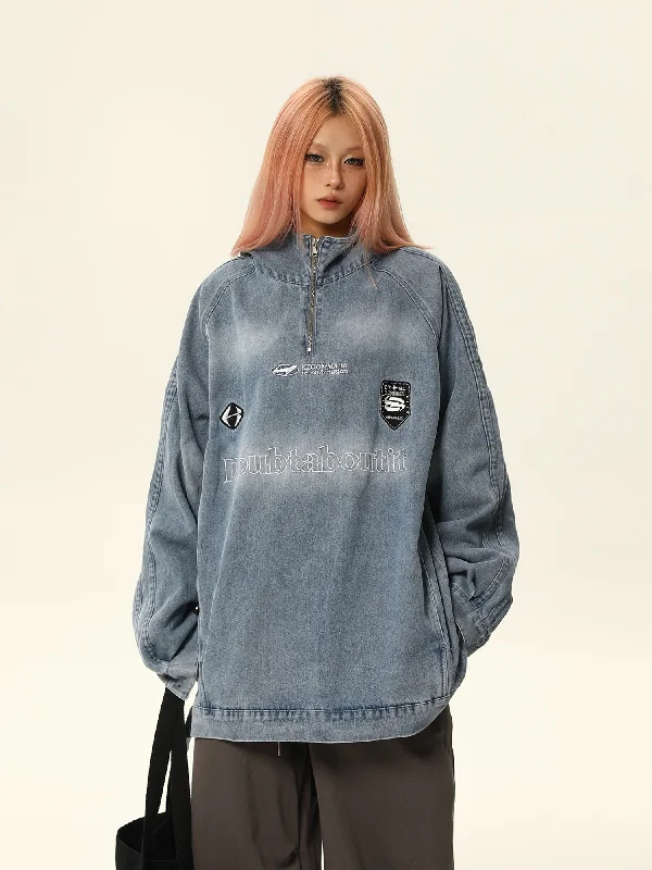 Doubtaboutit Denim Quarter-Zip Pullover Jacket Thick Cable Knit