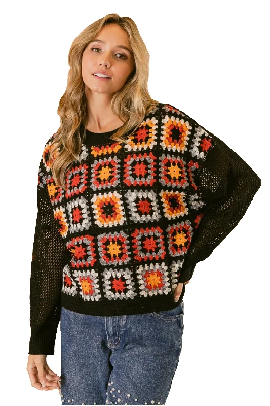 BiBi Crochet Patchwork Top Granny Square Open Knit Pullover Long Sleeve Shirt Batwing Sleeve Top BiBi Crochet Patchwork Top Granny Square Open Knit Pullover Long Sleeve Shirt Batwing Sleeve Top