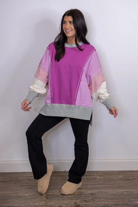 Cozy Trends Magenta Colorblock Pullover Port Neck Pullover