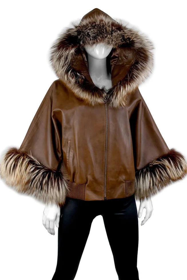 Brown Short Sleeve Jacket W Fox Trim [Brown-JKMK65] Mesh Jacket Canvas Jacket Denim Jacket