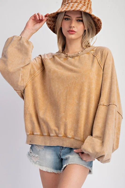 Saturday Sass Washed Caramel Pullover Sabrina Neck Pullover