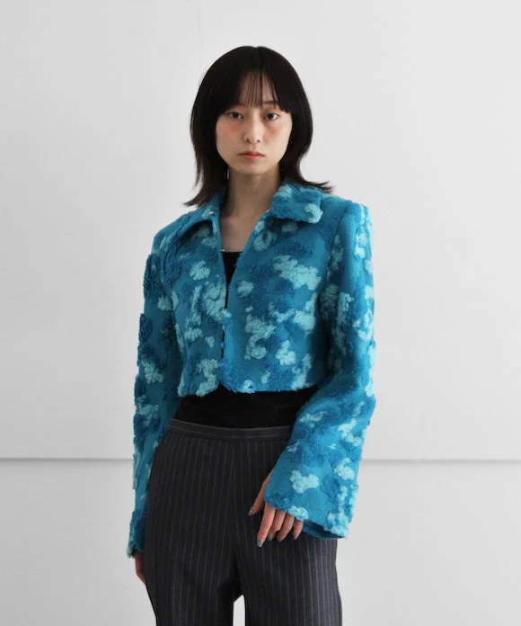 GANNI Soft 3D Jacquard Short Jacket "ALGIERS BLUE" Boat Neck Shawl Collar Notched Collar GANNI Soft 3D Jacquard Short Jacket "ALGIERS BLUE" Boat Neck Shawl Collar Notched Collar