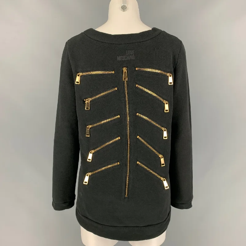 LOVE MOSCHINO Size 6 Black Cotton / Polyester Brass Zippers Scoop Neck Pullover Ribbed Crew Neck LOVE MOSCHINO Size 6 Black Cotton / Polyester Brass Zippers Scoop Neck Pullover Ribbed Crew Neck