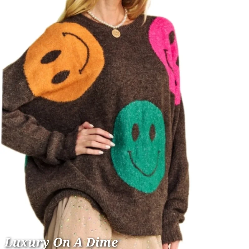 DAVI & DANI Knit Smiley Face Contrast Long Sleeve Oversized Pullover Sweater Top Thick Cable Knit DAVI & DANI Knit Smiley Face Contrast Long Sleeve Oversized Pullover Sweater Top Thick Cable Knit