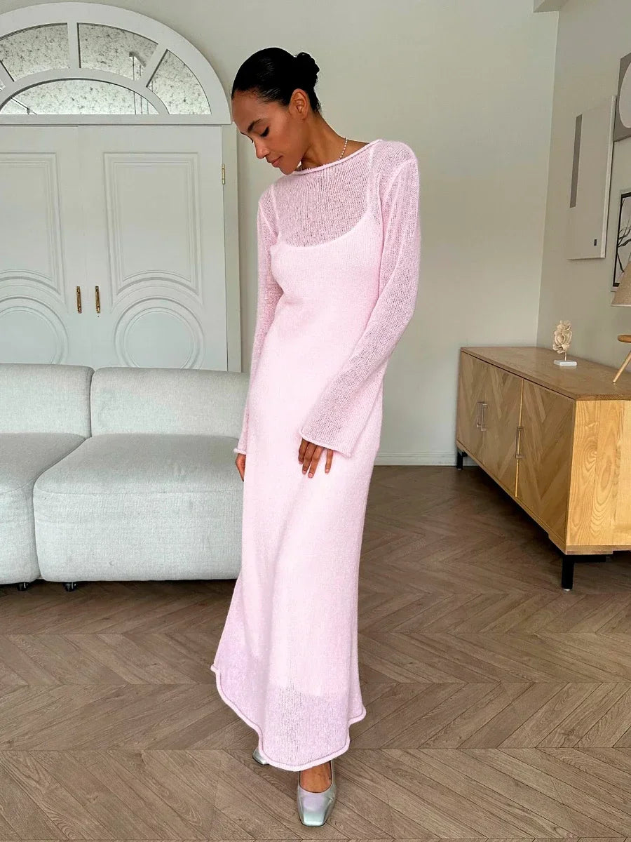 Bonnyshow O-Neck Elastic Knitted Long Dress ＆ Camisole Skirt Women Chic Soft Lady Hollowing Sweater Dresses 2 Pieces Sets Notch Collar Peter Pan Collar Cowl Neck
