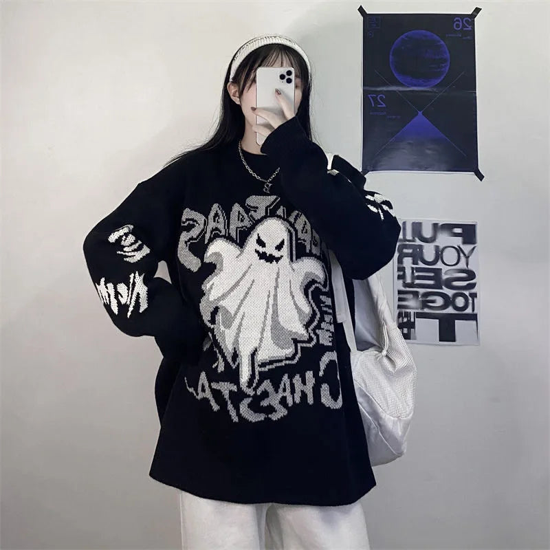 Vintage Horror Sweater - Oversized Cartoon Halloween Print Pullover Lapel Neck Sweater Vintage Horror Sweater - Oversized Cartoon Halloween Print Pullover Lapel Neck Sweater