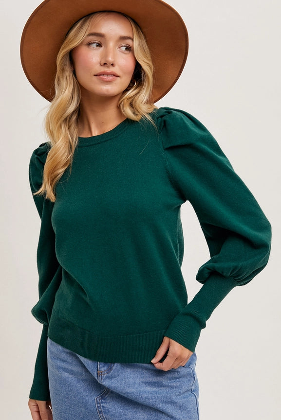 Bubble Sleeved Sweater Knit Top Green Slim Fit Regular Fit Oversized