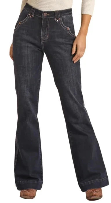 Rock & Roll Ladies Dark Wash Rivet Detail High Rise Trouser Jeans Trousers Brand Named Rock & Roll Ladies Dark Wash Rivet Detail High Rise Trouser Jeans Trousers Brand Named