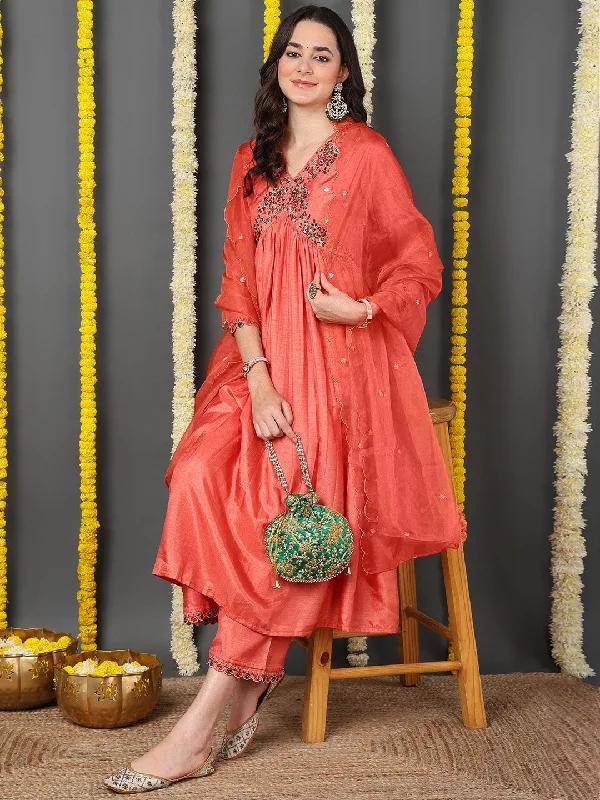 Orange Silk Blend Solid Embroidered Flared Kurta Trouser With Dupatta Trousers Satin Smooth Orange Silk Blend Solid Embroidered Flared Kurta Trouser With Dupatta Trousers Satin Smooth