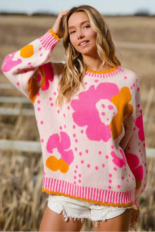 BiBI Contrasting Daisy Retro Flower Top Long Sleeve Pullover Knit Sweater Shirt Bell Sleeve Stylish BiBI Contrasting Daisy Retro Flower Top Long Sleeve Pullover Knit Sweater Shirt Bell Sleeve Stylish