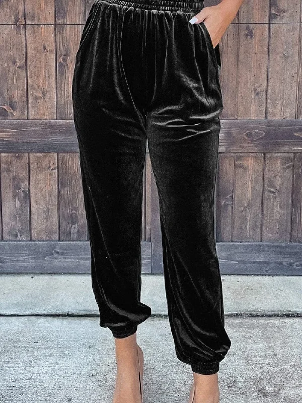 Elegant Black Velvet Jogger Trousers Trousers Solid Black