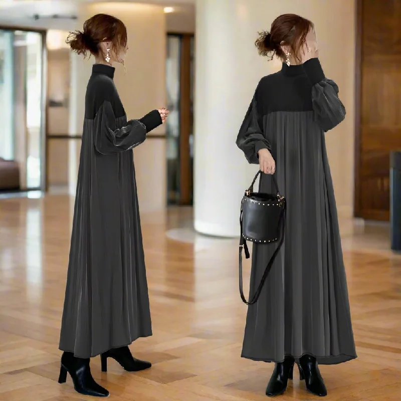 Blue Zone Planet |  Pleated Funnel Neck Accordion Patchwork Maxi Sweater Dress Boat Neck Shawl Collar Notched Collar